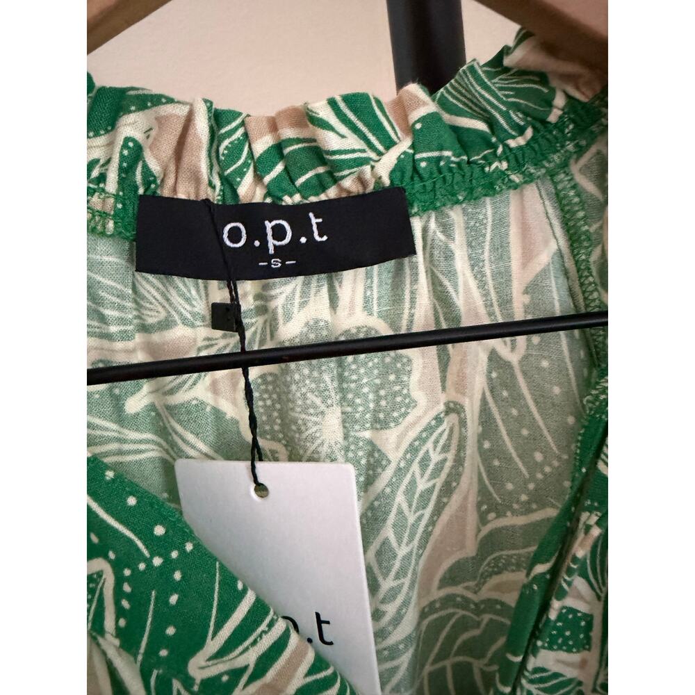 $160 New O.P.T green & tan linen blend dress floral sz Small midi long sleeve - Picture 3 of 5
